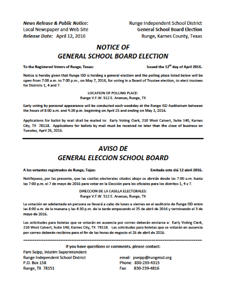 Runge Isd Notice Of General School Board Election