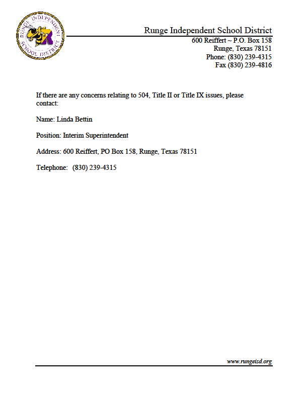 Runge ISD Title 2, Title 9, & 504 Designee