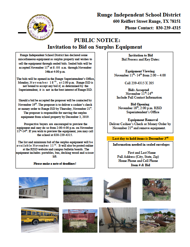 Runge ISD RISD Surplus Equipment Invitation to Bid Posting