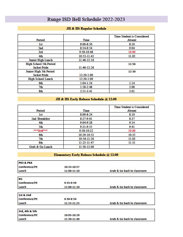 Runge ISD RISD Bell Schedule